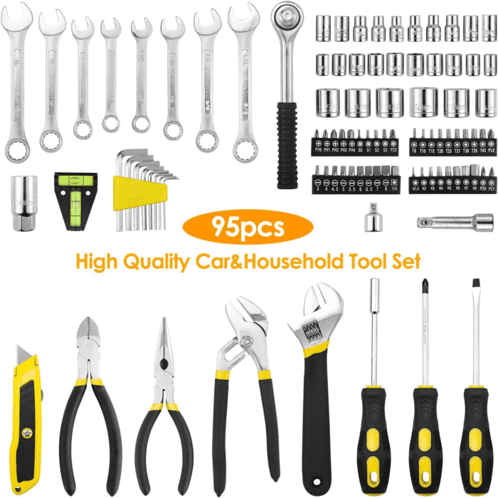 95 Piece Tool Set, Tool Kit, Mechanics Tool Set, Portable Toolbox with Adjustable Wrench Pliers Socket Bits, with Plastic Toolbox Storage Case, for House Apartment Garage (Yellow) - Image 4