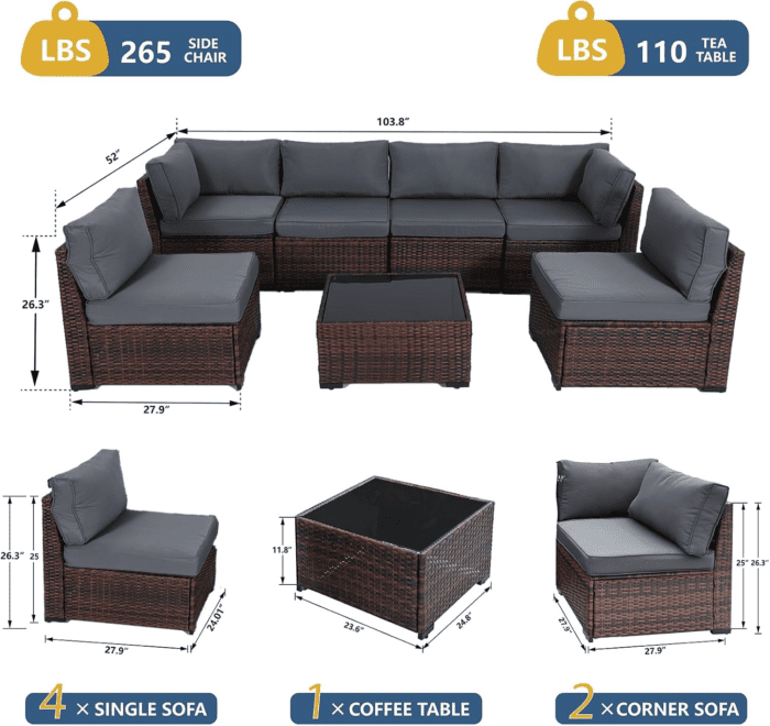 7 Piece Outdoor Furniture Set, PE Rattan Patio Conversation Set, Outdoor Sectional Furniture Sofa Set with Thick Cushions and Coffee Table, Gray - Image 2