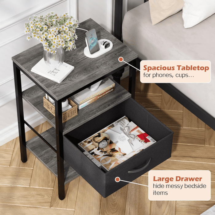 Nightstand with Charging Station, Bed Side Table with Adjustable Fabric Drawer, Night Stand for Bedroom, 3-Tier Storage End Table, for Living Room, Charcoal Gray - Image 6