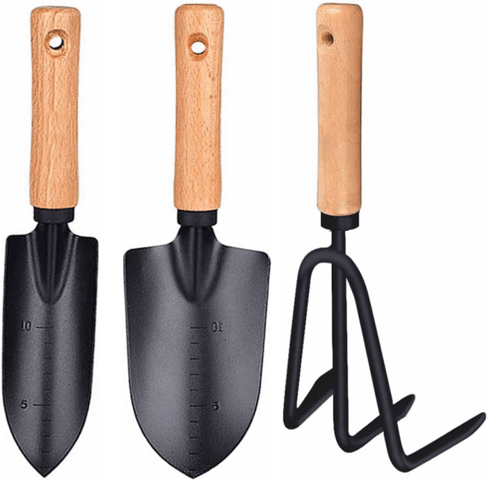 3 Pieces Garden Tools Set-Garden Rake Trowel, Gardening Tools with Wood Handle,Iron Crafts Gardening Work Kit with Solid Wood Ergonomic Handle Tools Succulent Gift Set Outdoor Gardening Tools(Black)