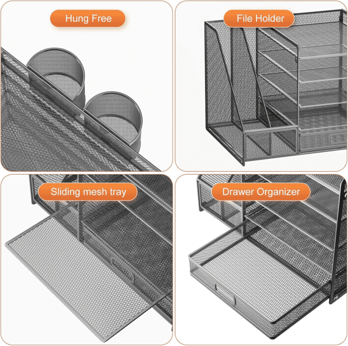 Desk Organizer with File Holder, 5-Tier Paper Letter Tray Organizer with Drawer and 2 Pen Holder, Mesh Desktop Organizer and Storage with Magazine Holder for Office Supplies (Grey) - Image 4