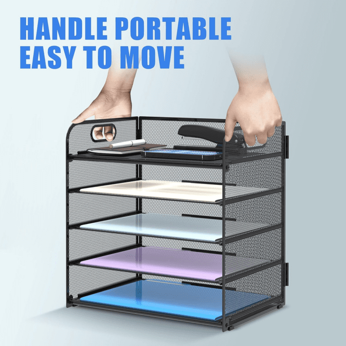 2 Pack 5-Tier Desk Organizer with Handle Mesh Desk File/Paper Organizer Letter Tray for Office, School and Home Easy Installation,Black - Image 5