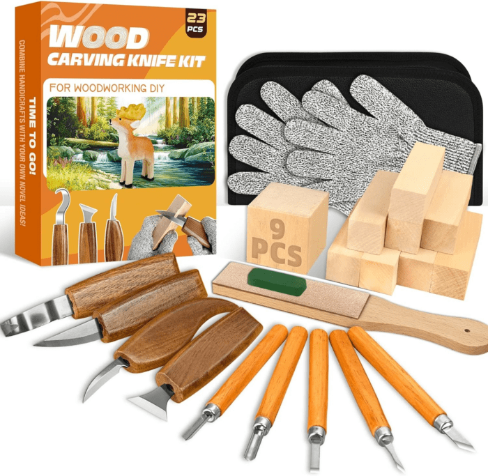 Wood Carving Kit, 23Pcs Wood Carving Tool with 4PCS Wood Carving Knives & 5PCS Detail Knives 9 Basswood Blocks & Gloves & Roll Bag & Strop Block & Polishing Compound Whittling Kit Hobbies for Adults