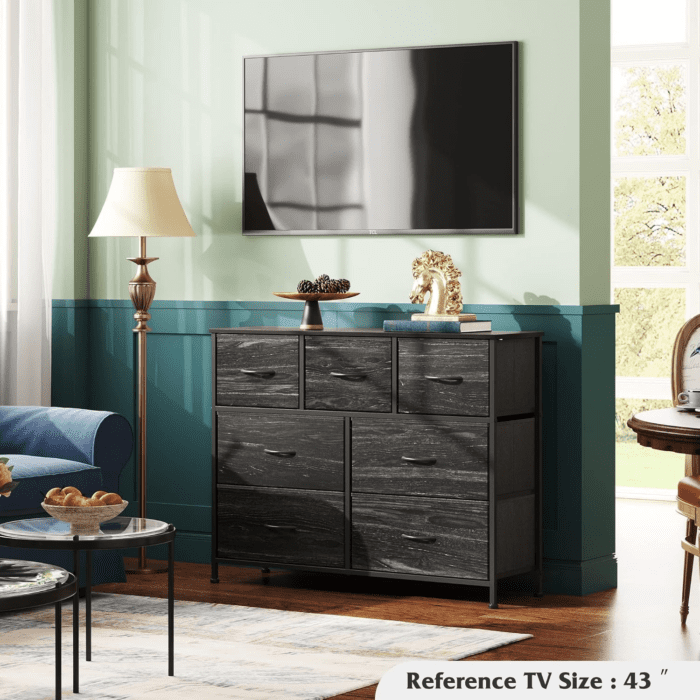 Dresser TV Stand, Entertainment Center with Fabric Drawers, Media Console Table with Metal Frame and Wood Top for TV up to 45 Inch, Chest of Drawers for Bedroom, Charcoal Black Wood Grain Print - Image 2