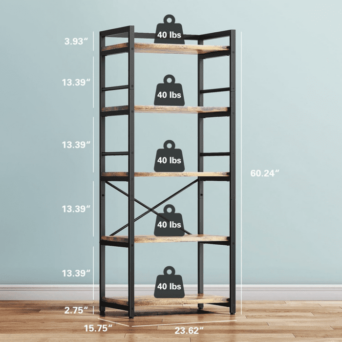 5-Tier Bakers Rack for Kitchen with Storage, Industrial Microwave Stand Oven Shelf, Free Standing Kitchen Storage Shelf Rack (23.62 L X 15.75 W X 60.24 H, Rustic Brown) - Image 2