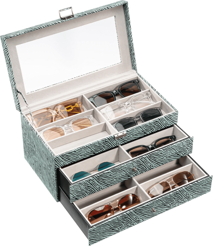 3-Layer Sunglasses Storage Organizer, 18 Slots Leather Sunglass Box Multiple Pairs Eyeglass Cases Eye Glass Eyewear Display Holder for Men Women -Stripe