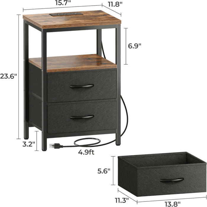 Nightstand with Charging Station, Side Table with Fabric Drawers, End Table with Open Shelf, Bedside Table with USB Ports and Outlets, Night Stand for Bedroom, Rustic Brown and Black - Image 2