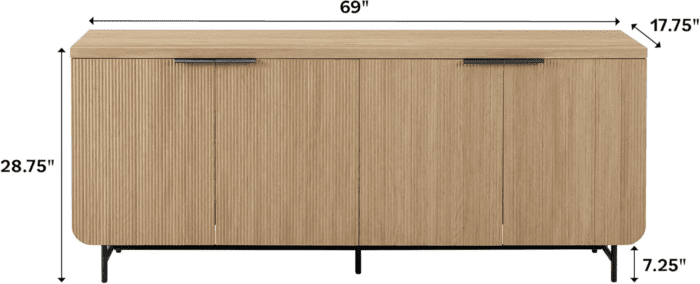 Modern Scandinavian Fluted Door Kitchen Storage Sideboard Buffet Cabinet Console, 69 Inch, Coastal Oak/Black - Image 3