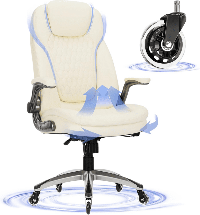 Executive Office Chair-Ergonomic Computer Desk Chair with Upgraded Caster for Swivel, High Back Office Chair with Padded Flip-Up Arms, Stylish Leather Chair Thicken Seat for Comfort (Ivory, 300Lbs)