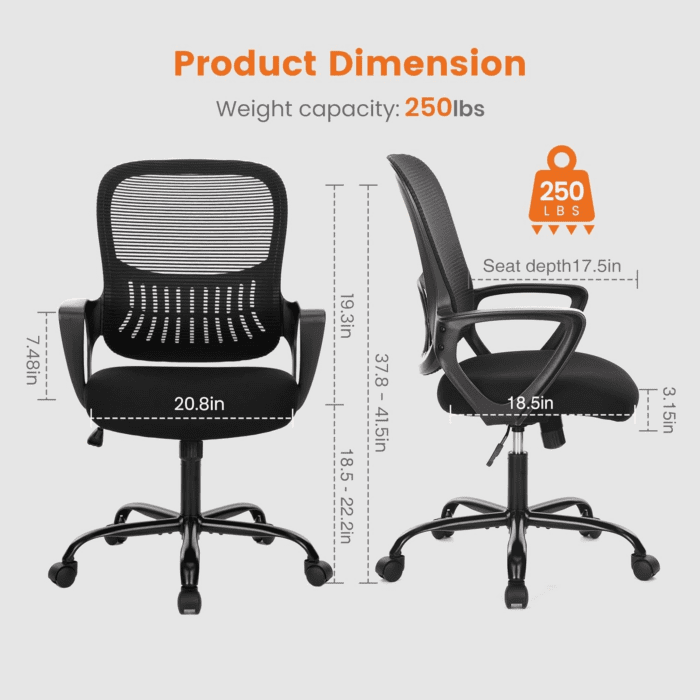 Office Computer Desk Managerial Executive Chair, Ergonomic Mid-Back Mesh Rolling Work Swivel Chairs with Wheels, Comfortable Lumbar Support, Comfy Arms for Home,Bedroom,Study,Student,Black - Image 2