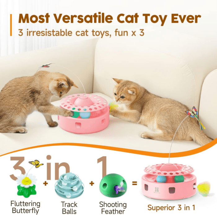 Cat Toys 3-In-1 Automatic Interactive Kitten Toy, Fluttering Butterfly, Random Moving Ambush Feather, Track Balls, Dual Power Supplies, USB Powered, Indoor Exercise Cat Kicker (Pink) - Image 2