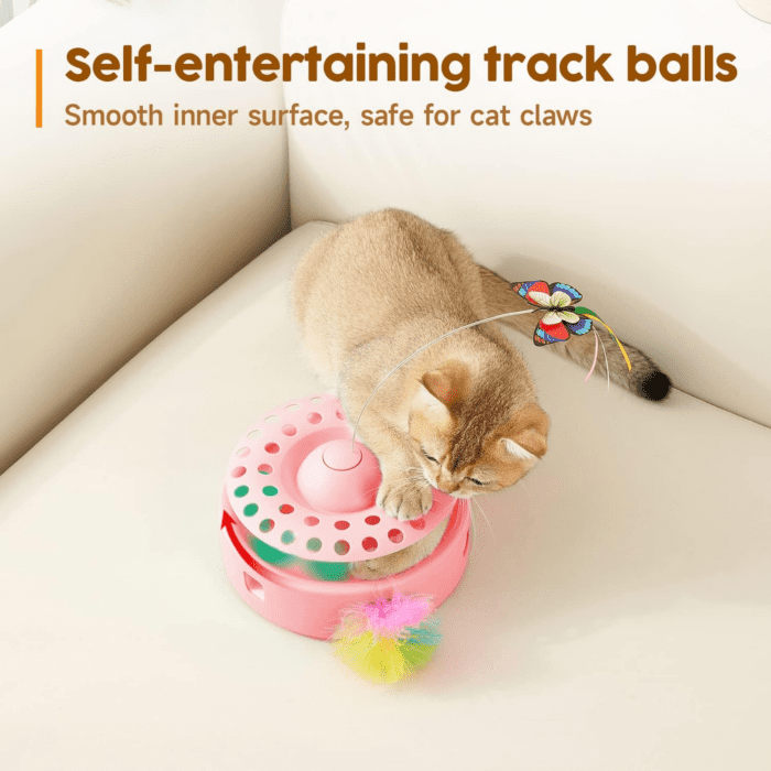 Cat Toys 3-In-1 Automatic Interactive Kitten Toy, Fluttering Butterfly, Random Moving Ambush Feather, Track Balls, Dual Power Supplies, USB Powered, Indoor Exercise Cat Kicker (Pink) - Image 5