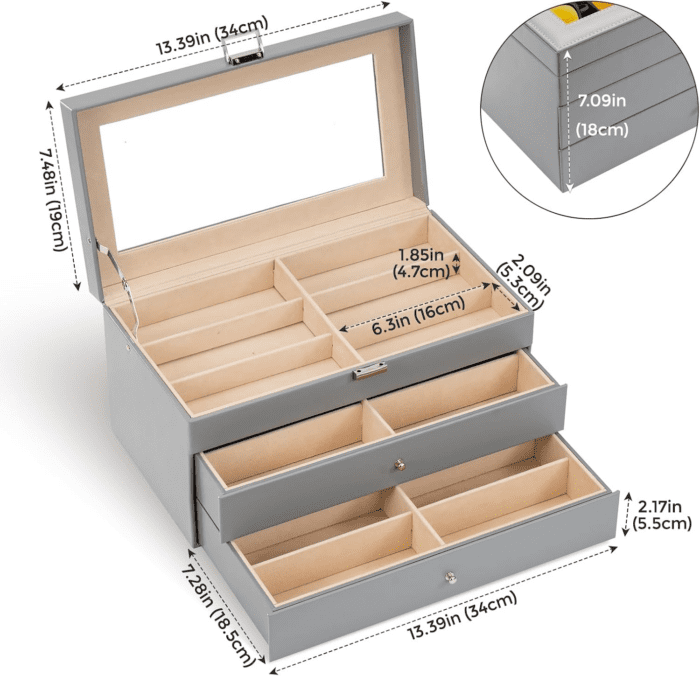 3-Layer Sunglasses Storage Organizer, 18 Slots Leather Sunglass Box Multiple Pairs Eyeglass Cases Eye Glass Eyewear Display Holder for Men Women -Grey - Image 6