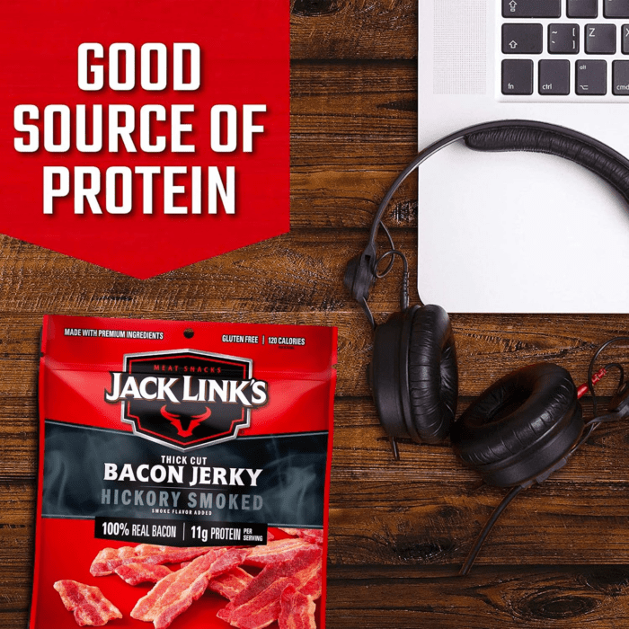 Bacon Jerky, Hickory Smoked, 2.5 Oz. Bag - Flavorful Ready to Eat Meat Snack with 11G of Protein, Made with 100% Thick Cut, Real Bacon, Perfect Hunting Trip Snacks (Packaging May Vary) - Image 4