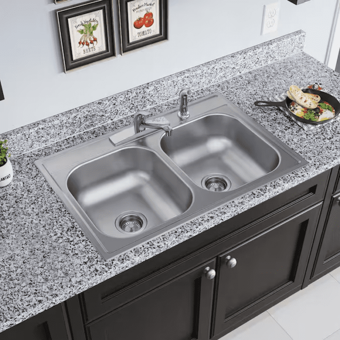 Drop-In 33-In X 22-In Satin Stainless Steel Double Equal Bowl 4-Hole Kitchen Sink All-In-One Kit - Image 4