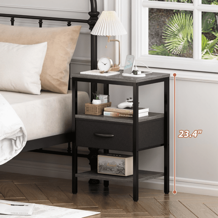 Nightstand with Charging Station, Bed Side Table with Adjustable Fabric Drawer, Night Stand for Bedroom, 3-Tier Storage End Table, for Living Room, Charcoal Gray - Image 2