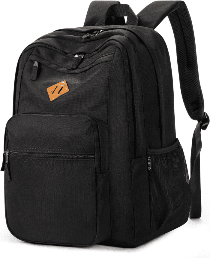 26L Black Backpack for School, College, and Travel: Water Resistant Bookbag with 8 Compartments