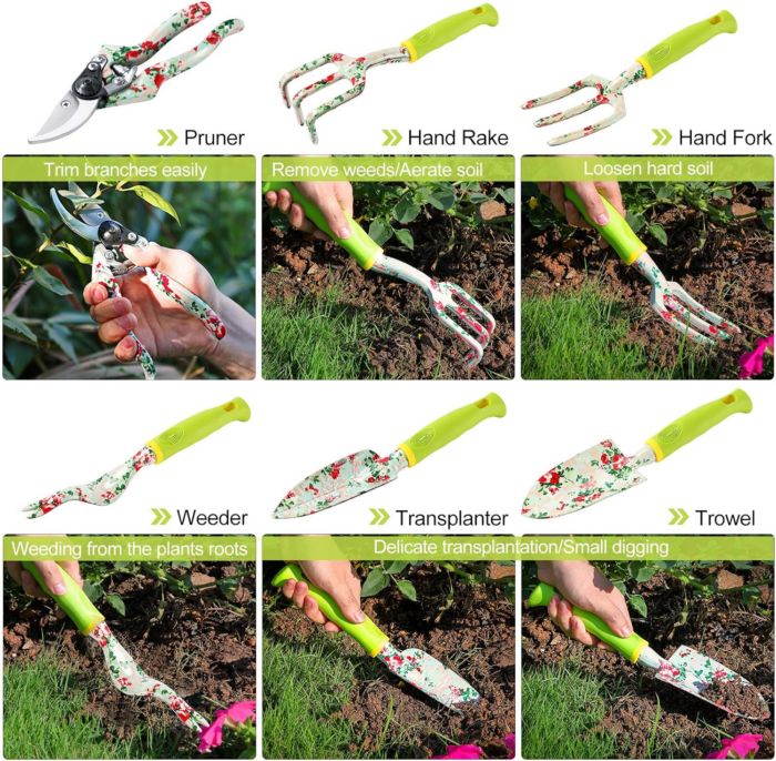 Gardening Tool Set - 13 PCS Heavy Duty Aluminum Gardening Tools Kit Floral Print Garden Tool Set with Non-Slip Rubber Handle & Durable Storage Tote Bag Gardening Supplies Gifts for Women Men - Image 4