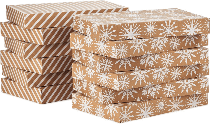 Medium Christmas Gift Boxes with Lids (12 Shirt Boxes, White Snowflakes and Stripes on Kraft) for Holiday Parties, Winter Weddings, Bridal Showers - Image 4