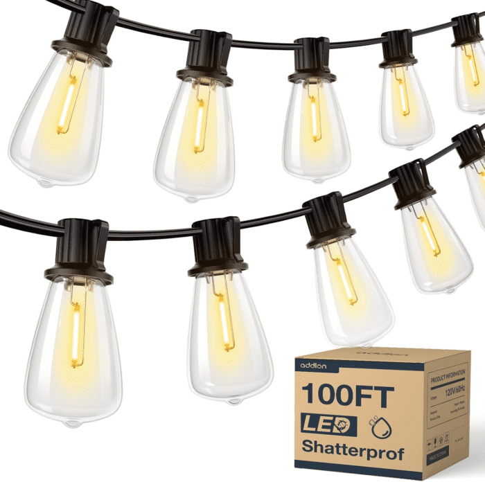 100FT(50FT*2) LED Outdoor String Lights Waterproof Patio Lights with 32 Shatterproof ST38 Replaceable Bulbs(2 Spare), Dimmable outside Hanging Lights Connectable for Porch, Backyard, 2200K