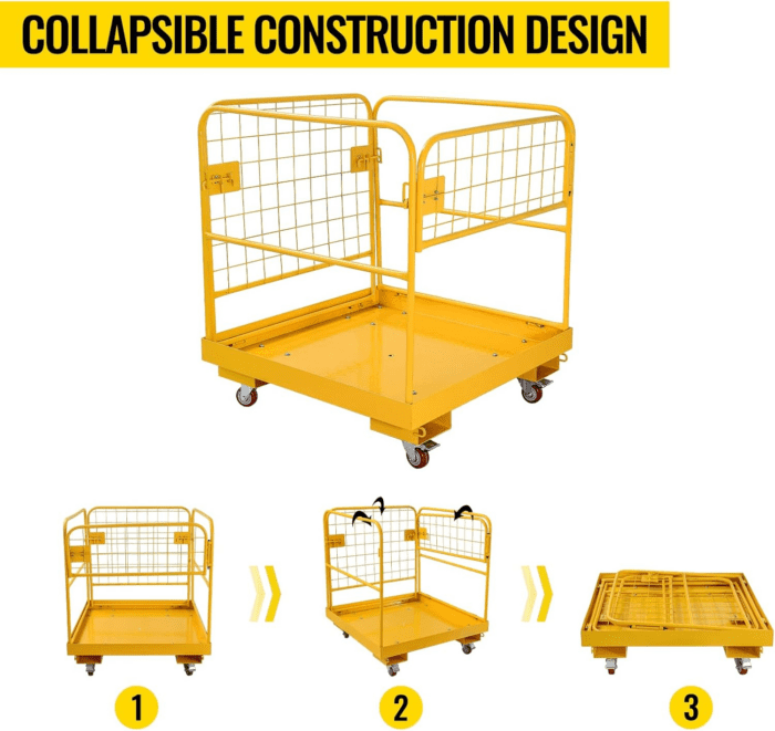 Forklift Safety Cage 36''X36'', Forklift Work Platform 1200LBS Capacity with 4 Universal Swivel Wheels, Collapsible Lift Basket Aerial Rails Aerial Platform - Image 4