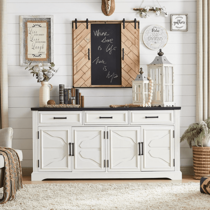 66" Large Buffet Sideboard Cabinet with 4 Doors and 3 Drawers, Buffet Table Coffee Bar Wine Bar Storage Cabinet for Dining Room, Living Room (Off White) - Image 3