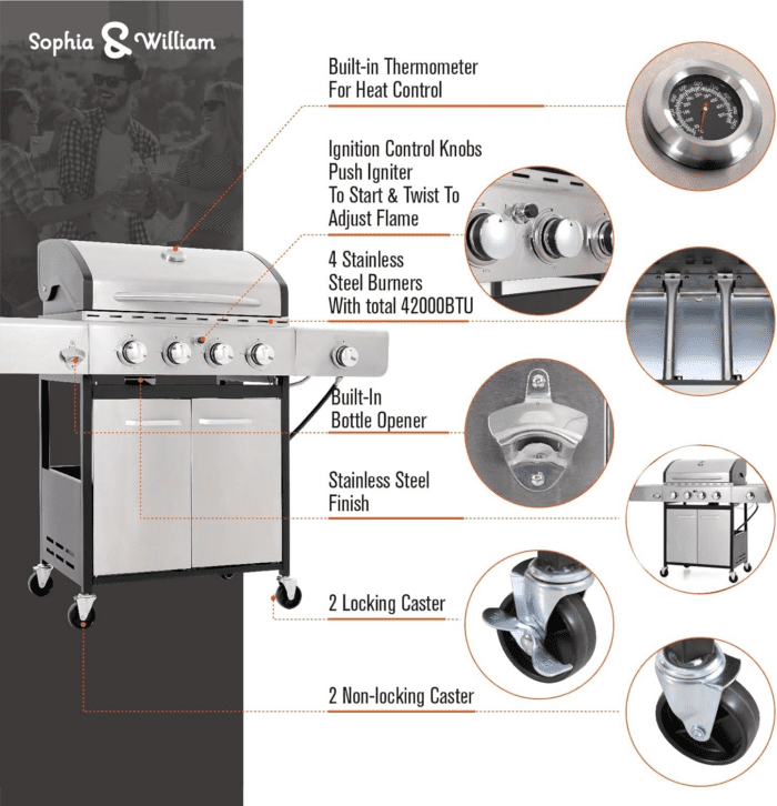 4-Burner Propane Gas BBQ Grill with Side Burner and Porcelain-Enameled Cast Iron Grates 42,000BTU Outdoor Cooking Stainless Steel Grills Cabinet Style Garden Barbecue Grill, Silver - Image 6