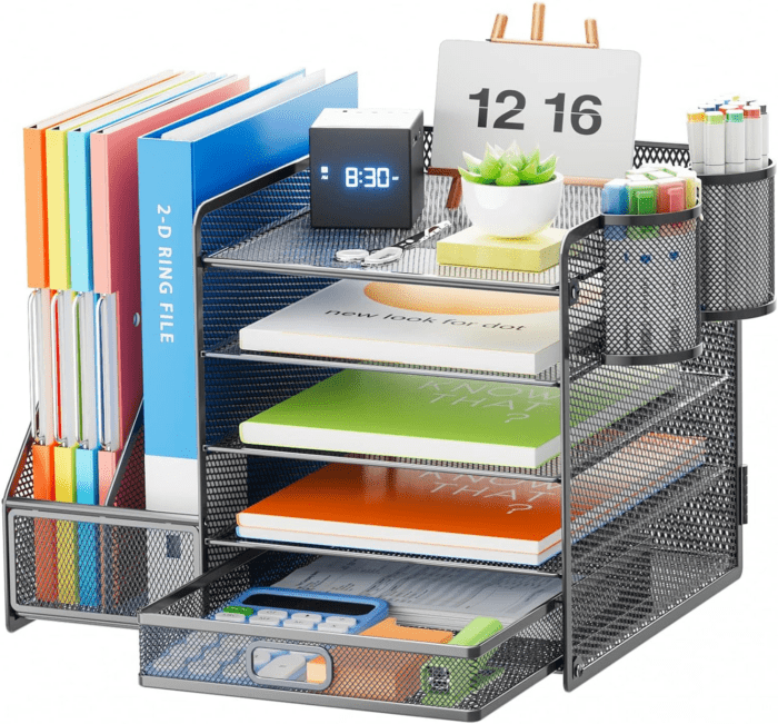 Desk Organizer with File Holder, 5-Tier Paper Letter Tray Organizer with Drawer and 2 Pen Holder, Mesh Desktop Organizer and Storage with Magazine Holder for Office Supplies (Grey)