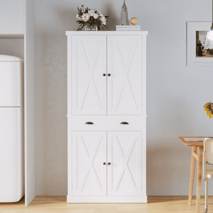 Kitchen Pantry Storage Cabinet 72.6" H, with Barn Doors, Drawer, 4 Adjustable Shelves, Freestanding Cupboard for Dining Room Living Room, Laundry, White - Image 9