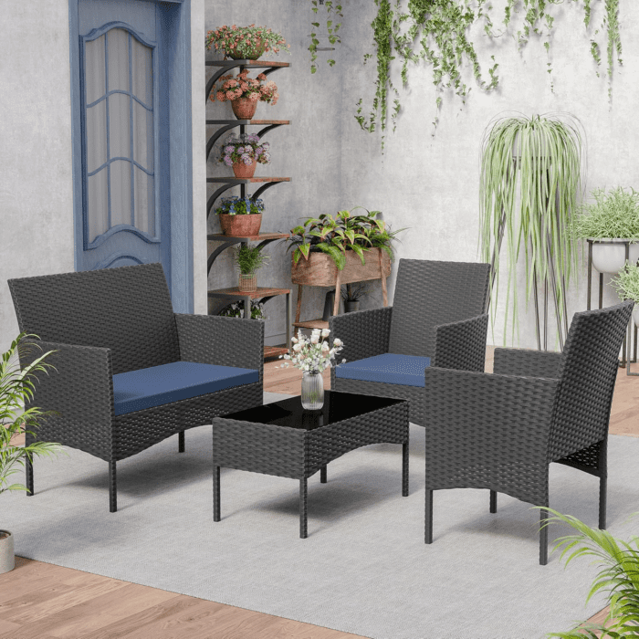 Patio Furniture Set 4 Pieces Outdoor Wicker Rattan Chairs Conversation Sets W/Coffee Table, Rocking Bistro Set, for Patio Lawn Backyard (Navy Blue) - Image 7