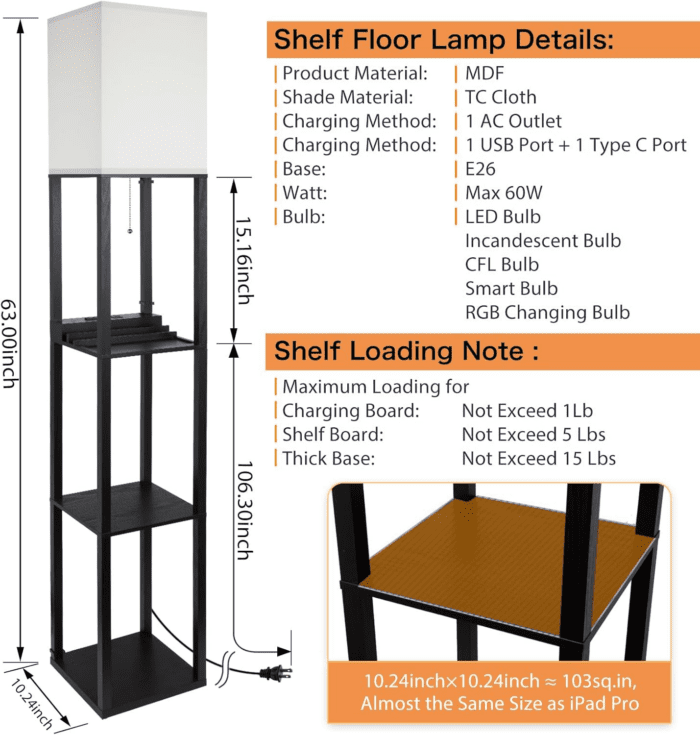 3-In-1 Shelf Floor Lamp with 1 Usb&Type C&1 AC Outlet, 3-Tiered LED Shelf Lamp, Shelf & Storage Floor Lamp Combination Modern Standing Light - Image 3