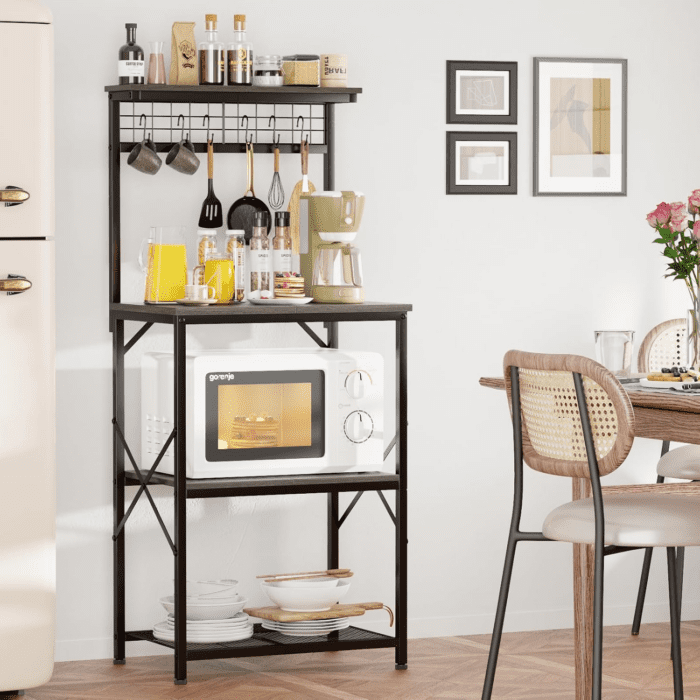 Kitchen Bakers Rack, Microwave Stand with Storage 4 Tiers, Coffee Bar Station with 6 S Hooks and Pegboard, Kitchen Shelves Rack for Spices, Pots, Black Oak - Image 6