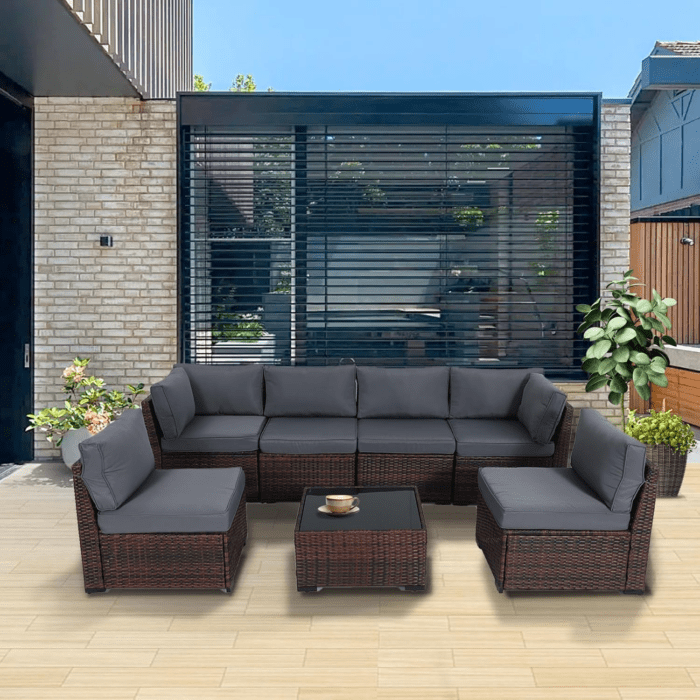 7 Piece Outdoor Furniture Set, PE Rattan Patio Conversation Set, Outdoor Sectional Furniture Sofa Set with Thick Cushions and Coffee Table, Gray - Image 7