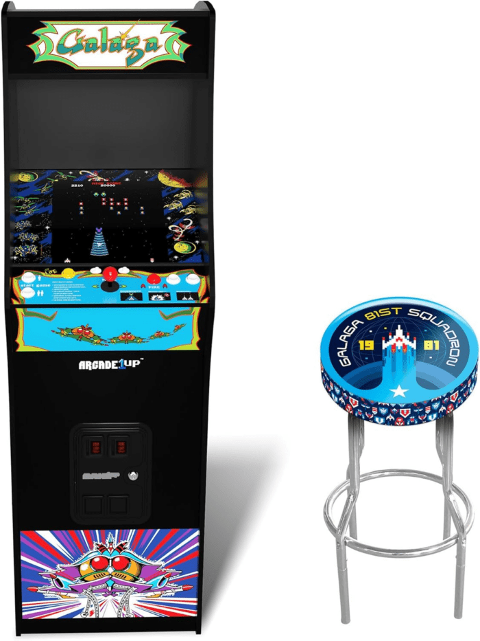 Galaga Deluxe Arcade Machine with 14 Games Bundled with Adjustable Stool, Wi-Fi Leaderboards, 17" Monitor, Light up Marquee, Black