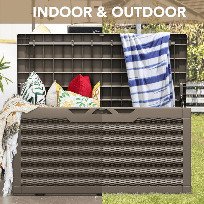 100 Gallon Waterproof Large Resin Deck Box Indoor Outdoor Lockable Storage Container for Patio Furniture Cushions Garden Tools (100 Gallon, Light Brown) - Image 9