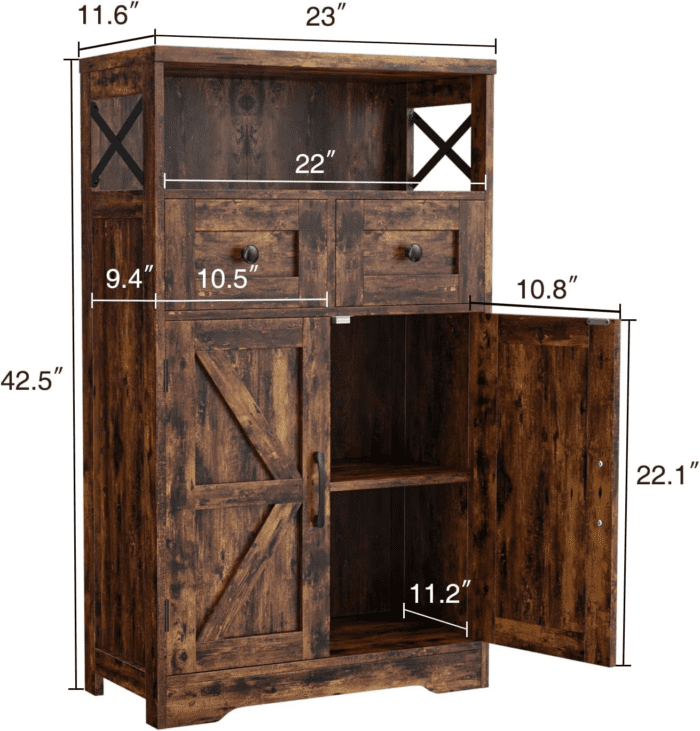 Farmhouse Storage Cabinet with Drawers and Shelves, Freestanding Kitchen Pantry Storage Cabinet, Floor Storage Cabinet Hutch Cupboard for Dining/Living Room/Home Office, Rustic Brown - Image 2