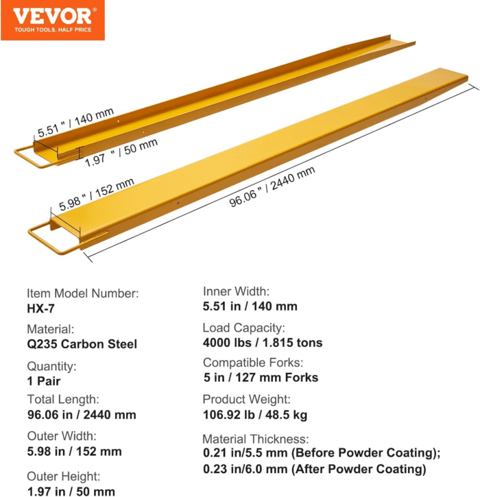 Forklift Extensions, 96 Inch Fork Extensions 5.5 Inch Width, Heavy Duty Steel Pallet Fork Extensions, 1 Pair Forklift Extensions for Forklift Lift Truck Forklift Loaders - Image 7