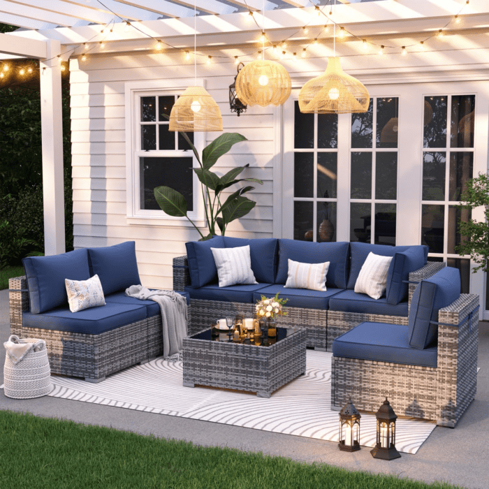 Patio Furniture Set, 7-Piece Outdoor Sectional with Waterproof Cover, All-Weather Wicker Patio Conversation Sets for Backyard (Grey with Navy Cushion) - Image 2