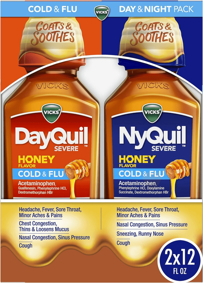 Dayquil & Nyquil SEVERE Honey Cold & Flu Medicine, Relief for Headache, Fever, Sore Throat, Minor Aches & Pains, Nasal Congestion, Sinus Pressure, Stuffy Nose, & Cough, Honey Flavor, 2X12 OZ