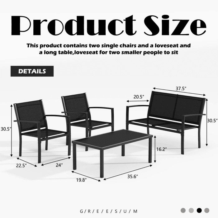 4 Pieces Patio Furniture Set, Outdoor Conversation Sets for Patio, Lawn, Garden, Poolside with a Glass Coffee Table, Black - Image 4