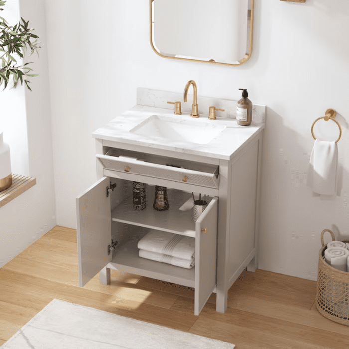 Sandbanks 30-In Greige Undermount Single Sink Bathroom Vanity with White Engineered Stone Top - Image 6