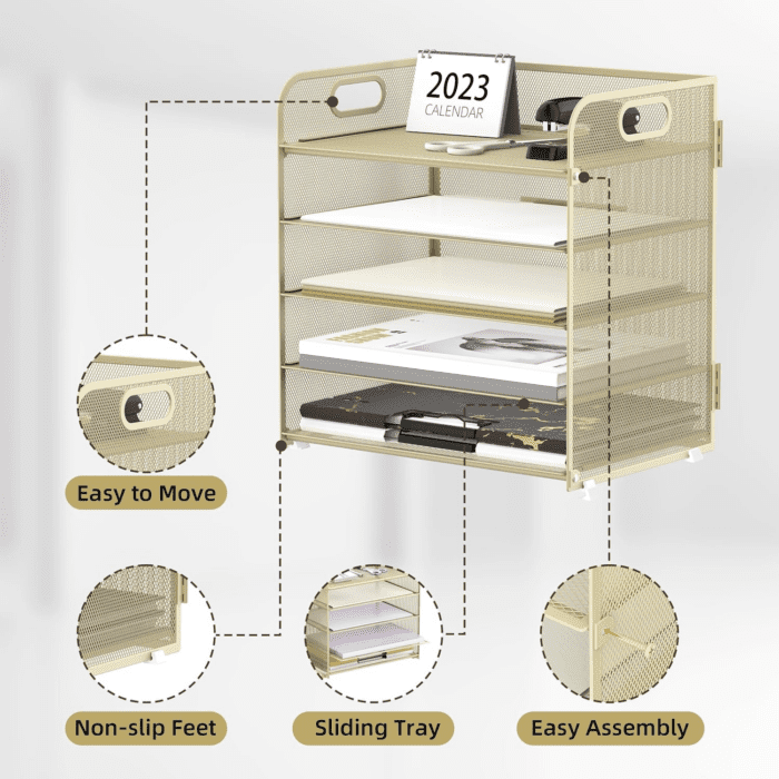 5 Trays Paper Organizer Letter Tray with Handle-Mesh Desk File Organizer,Pink Paper Sorter Desk Organizer for Office, Home or School (Gold Yellow) - Image 3