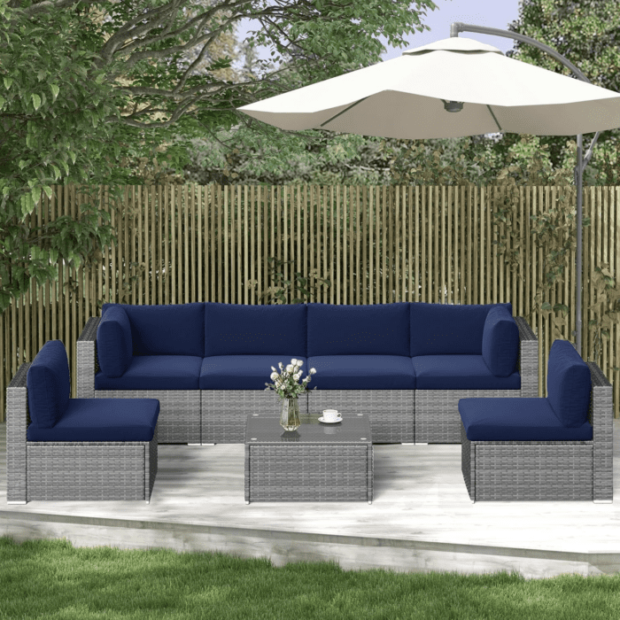 7 Piece Patio Furniture Sets All Weather Grey PE Wicker Couch Sofa with Glass Table, Removable Navy Blue Cushions - Image 8