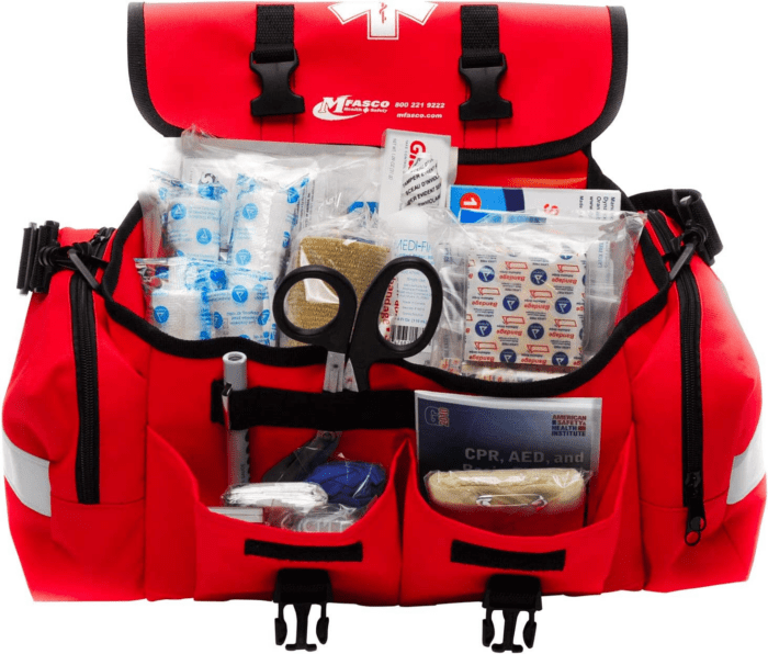 First Aid Kit - Fully Stocked Portable Reflective Bag -First Responder Emergency Response Kit -For Natural Disaster Preparedness - Customizable Storage -Includes 415 Pcs First Aid Supplies- Red