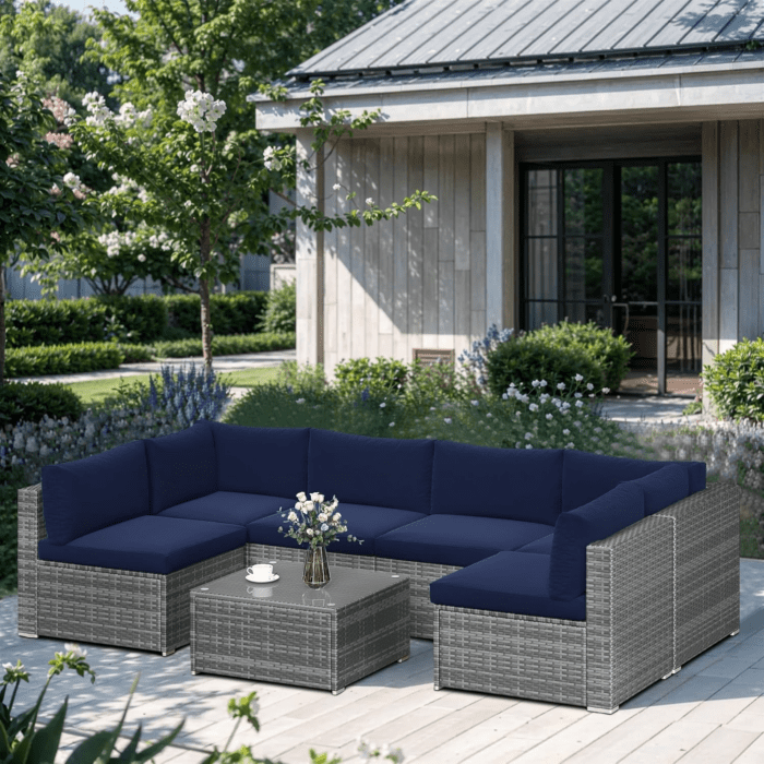 7 Piece Patio Furniture Sets All Weather Grey PE Wicker Couch Sofa with Glass Table, Removable Navy Blue Cushions - Image 2