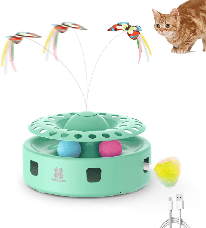 Cat Toys 3-In-1 Automatic Interactive Kitten Toy, Fluttering Butterfly, Random Moving Ambush Feather, Track Balls, Dual Power Supplies, USB Powered, Indoor Exercise Cat Kicker (Green)