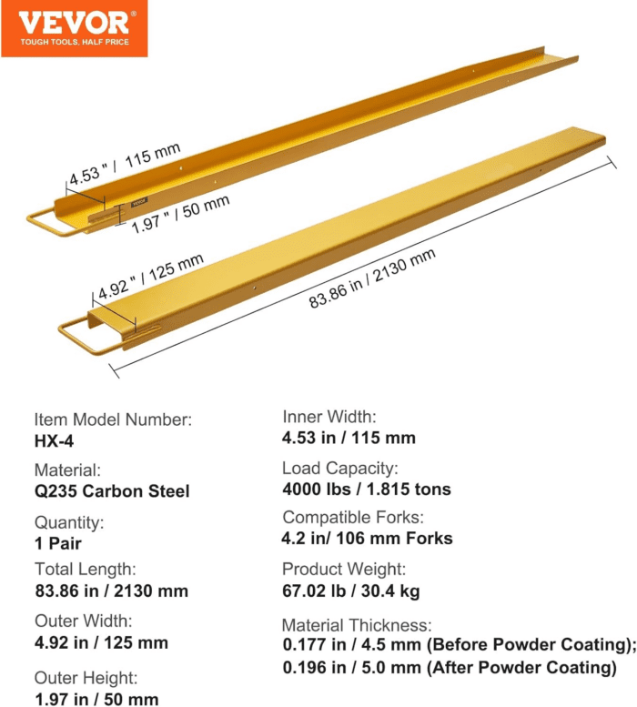 Forklift Extensions, 84 Inch Fork Extensions 4.5 Inch Width, Heavy Duty Steel Pallet Fork Extensions, 1 Pair Forklift Extensions for Forklift Lift Truck Forklift Loaders - Image 7