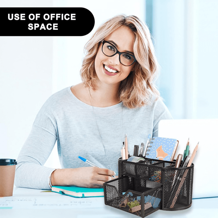 Mesh Desk Organizer Desktop Office Supplies Multi-Functional Caddy Pen Holder Stationery with 8 Compartments and 1 Drawer for Office, Home, School, Classroom (Black) - Image 3