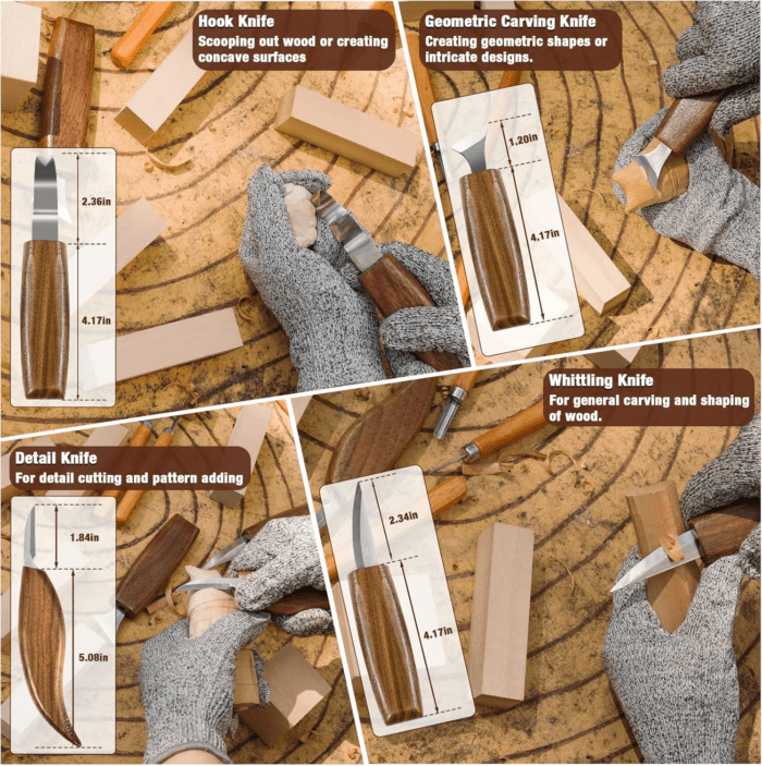 Wood Carving Kit, 23Pcs Wood Carving Tool with 4PCS Wood Carving Knives & 5PCS Detail Knives 9 Basswood Blocks & Gloves & Roll Bag & Strop Block & Polishing Compound Whittling Kit Hobbies for Adults - Image 4