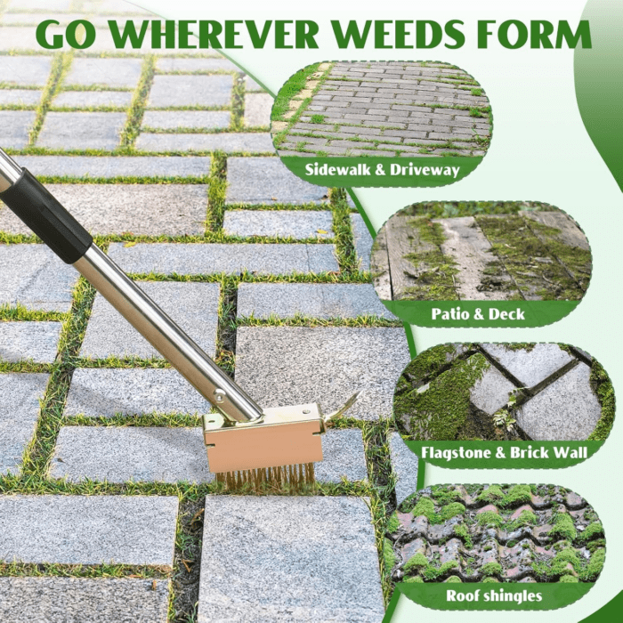 Crack Weeder, Manual Crevice Weeding Tool, Moss Weed Remover Puller Tool Grout Brush with Adjustable Stainless Steel Long Handle for Deck, Paver, Patio, Walkway, Driveway Crack - 2 Weed Brush Heads - Image 6